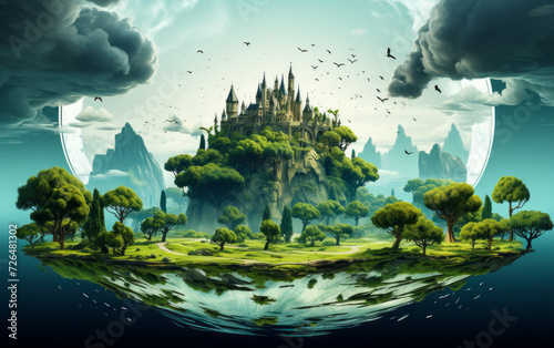 Fantasy floating island with lush green trees and a majestic castle amidst flying birds on a surreal landscape floating over water © Bartek