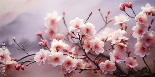 Soft pink cherry blossoms branching out gracefully against a hazy pastel background  evoking a dreamy and delicate spring atmosphere