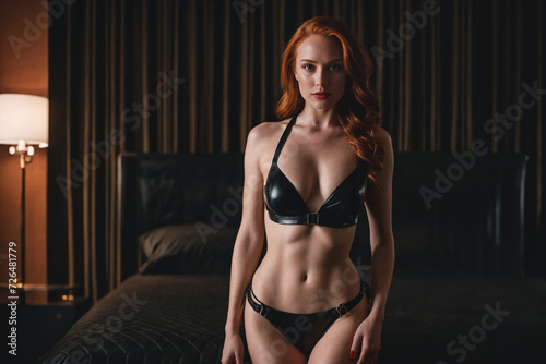 Young bdsm style red hair sexy woman portrait in black latex suit or lingerie. Generative Ai © SOLOTU