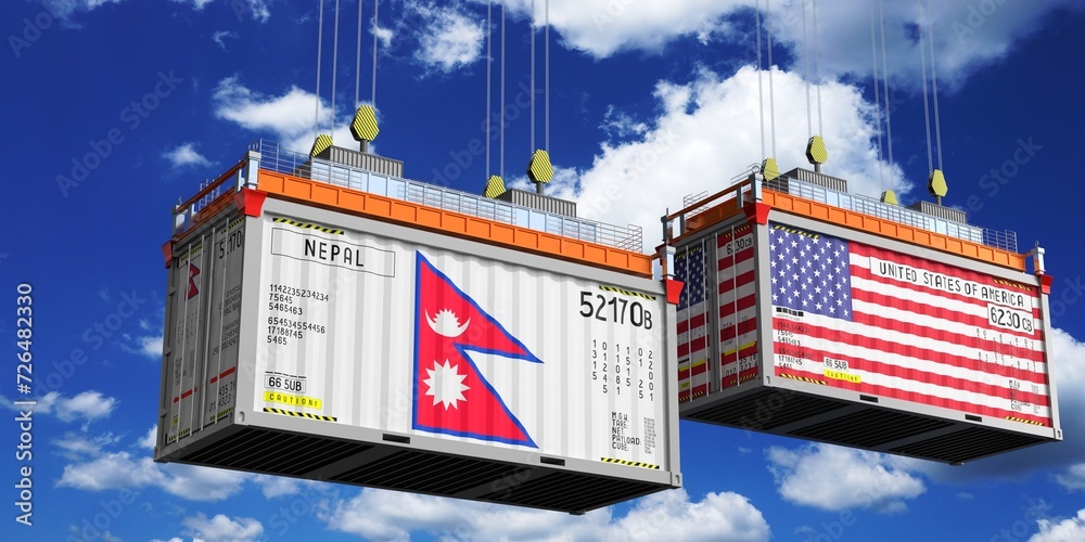 Shipping containers with flags of Nepal and USA - 3D illustration