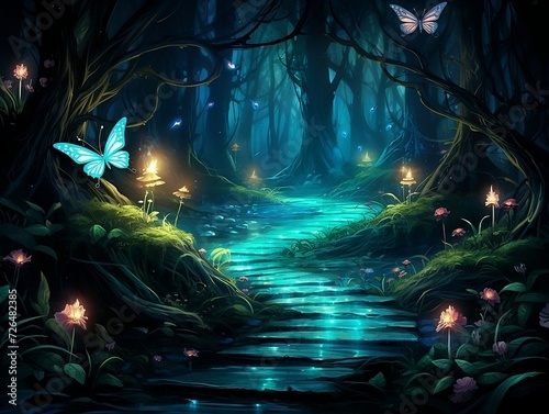 Fairy forest path with colorful butterflies