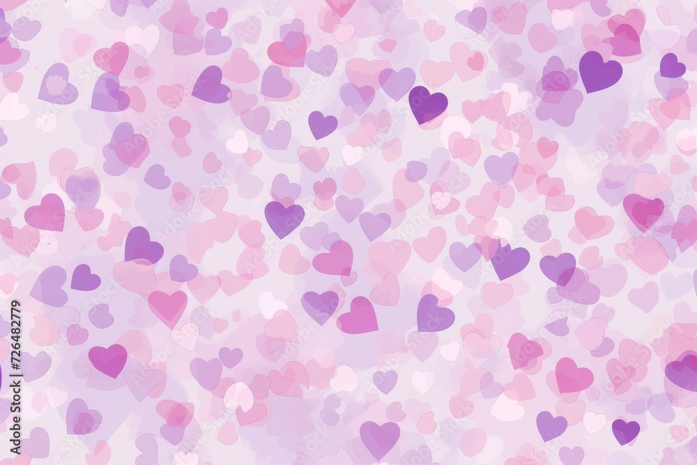 Valentine's Day background. Pastel pink background, scattered abstract hearts in varying shades of pink and lavender, creating a whimsical pattern