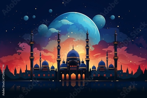 Ramadan Kareem greeting with Islamic city with mosque, crescent moon and stars on dark blue twilight sky and Crescent Moon on background, islamic religion Ramadan Eid al-Adha, Eid al-fitr. 