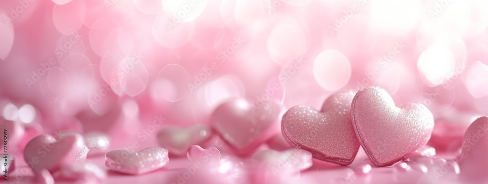 A banner of pink hearts with a bokeh effect in varying shades of pink creates a romantic Valentine's Day backdrop