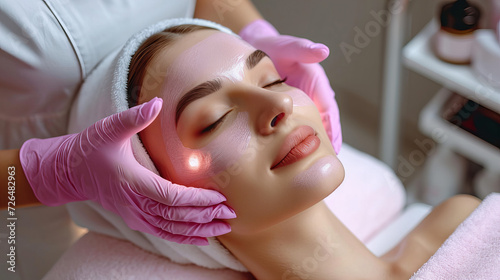 Young woman enjoying UV face massage in spa salon, Woman tropical massage facial beauty treatment, relaxed female client. Facial beauty treatment, body care, wellness, Close up happy young woman