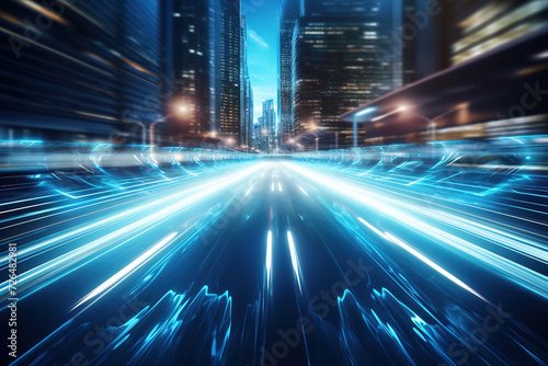 Digital data flow on road with motion blur to create vision of fast speed transfer .