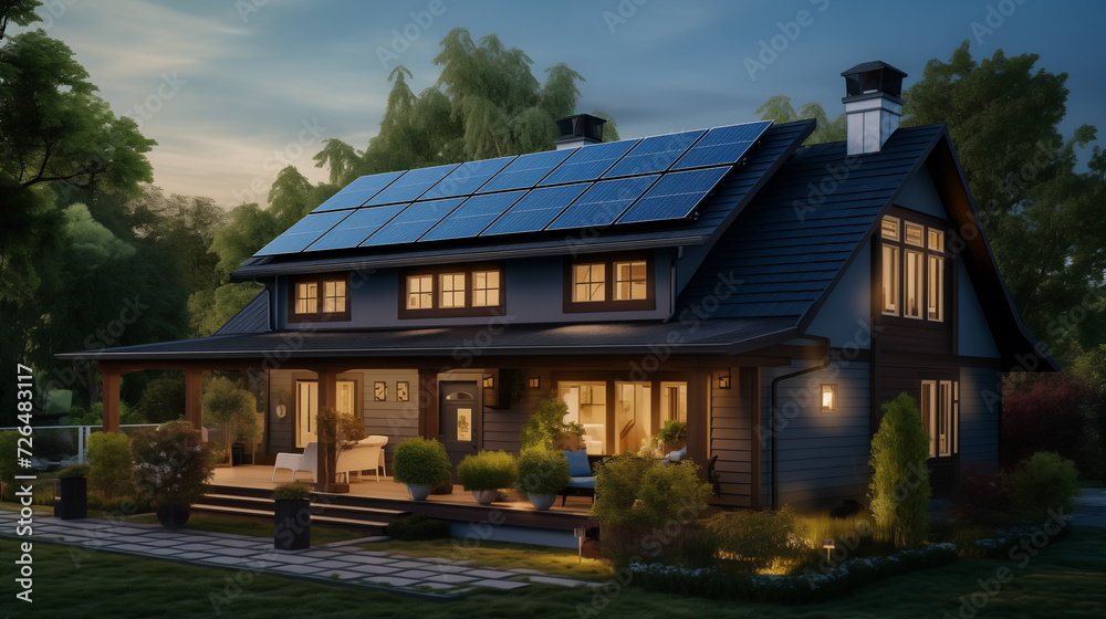 American craftsman style house with solar system on the roof. Modern eco friendly passive house with solar panels on the roof, green garden lawn