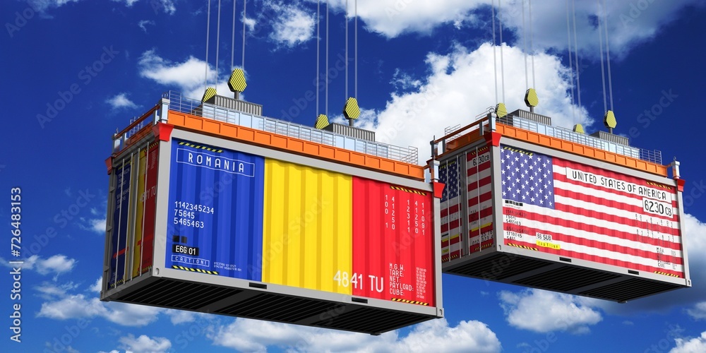 Shipping containers with flags of Romania and USA - 3D illustration