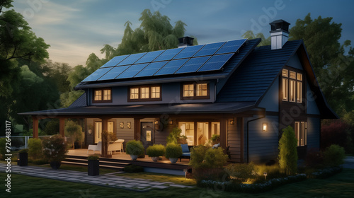 American craftsman style house with solar system on the roof. Modern eco friendly passive house with solar panels on the roof, green garden lawn