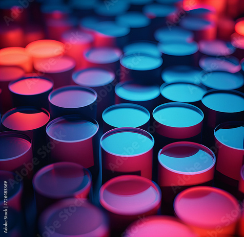 Neon Glow of Cylindrical Patterns, abstract pattern of cylinders illuminated by neon lights in red and blue hues, creating a mesmerizing texture