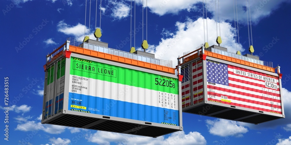 Shipping containers with flags of Sierra Leone and USA - 3D illustration
