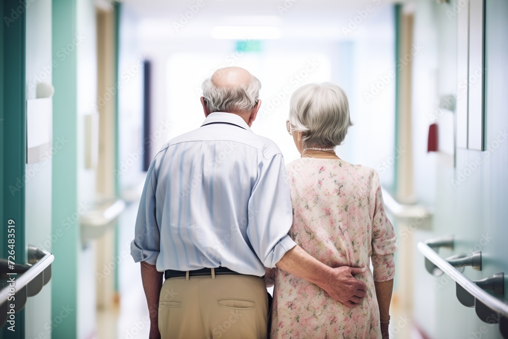 elderly couple with backs to camera, walking slowly down a hospital corridor elderly couple with backs to camera, walking slowly down a hospital corridor