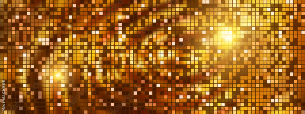 Luxury disco ball golden pattern with square mirror texture. Party bg with pailette mosaic. Abstract wallpaper. Vector illustration.