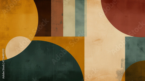 Abstract background in trendy Bauhaus style, combining espresso brown, sagebrush green and honey yellow with angular and rounded shapes