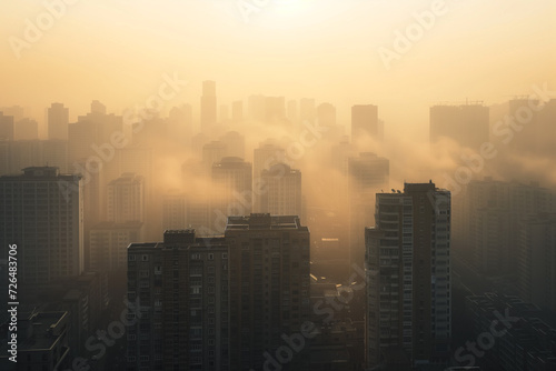 The city are covered by heavy smog of air pollution, PM 2.5 and dust. Health problem concept