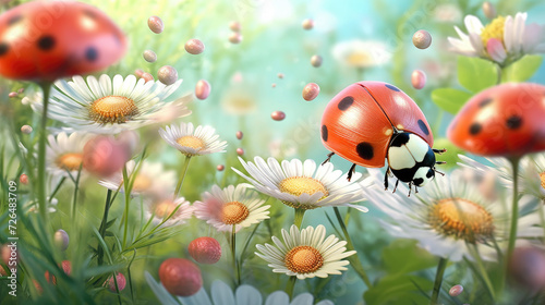 Springtime Ladybug on Daisies - Generative AI © Zeynep
