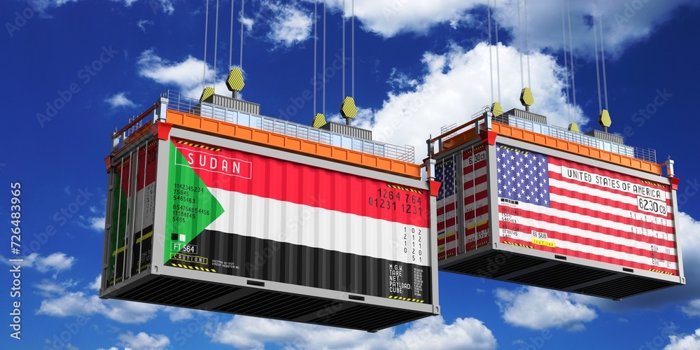Shipping containers with flags of Sudan and USA - 3D illustration