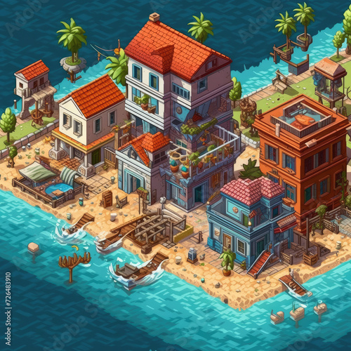 Isometric View of a Seaside Village Illustration - Generative AI