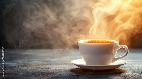 Steaming cup of hot coffee on a white table in a cozy cafe, side view