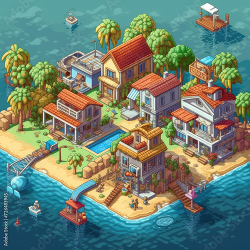 Colorful Island Village with Boats and Trees Illustration - Generative AI © Zeynep