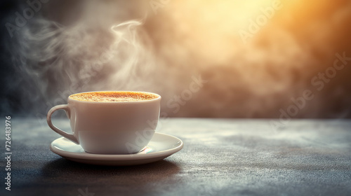 Hot coffee in a white mug on a table with steam, creating a cozy and inviting atmosphere, side view