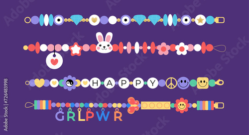 Set of cartoon beads bracelets. Plastic accessories elements with letters, bunny, heart, grlpwr, happy flowers. Handmade friendship bracelets illustration. Vector