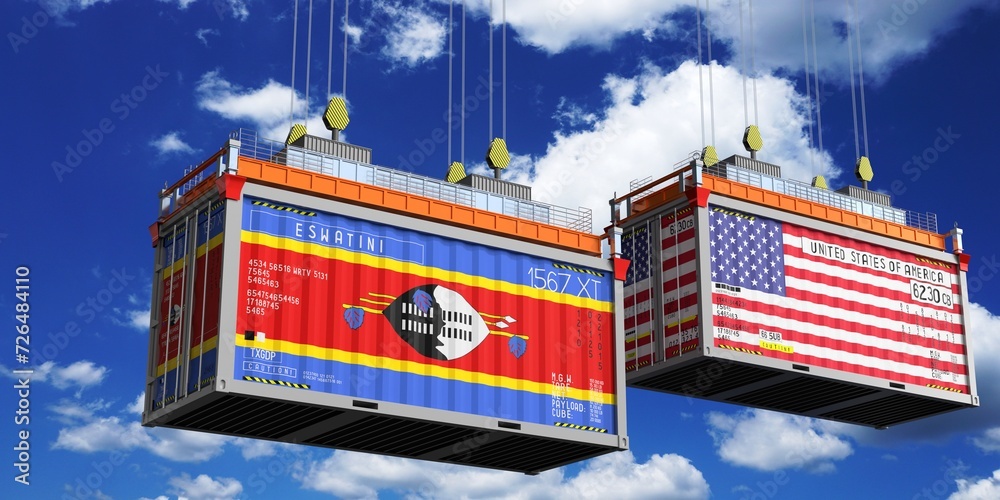 Shipping containers with flags of Eswatini and USA - 3D illustration