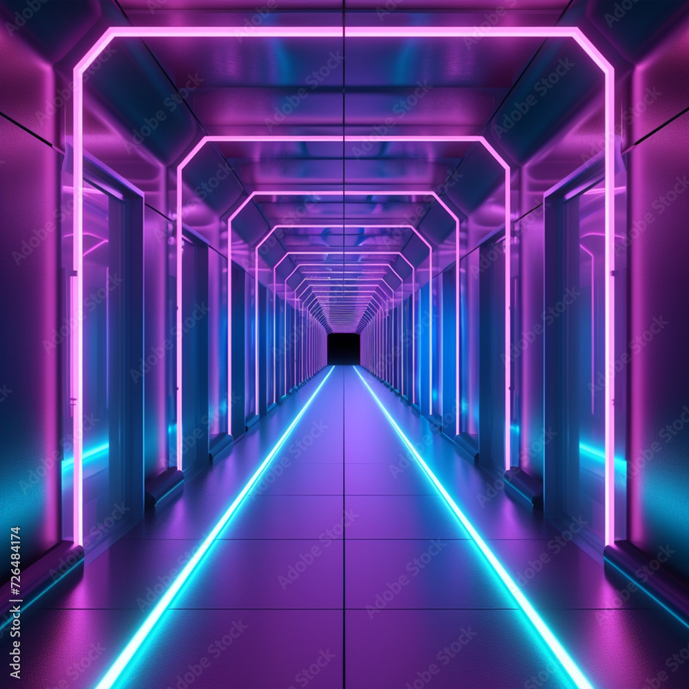 Fototapeta premium Illustration of abstract background of futuristic corridor with purple and blue neon lights, ai technology