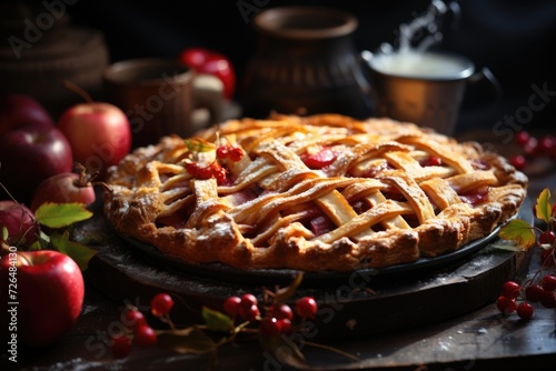 Flat apple apple pie posture with autumn leaves, generative IA