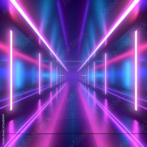 Illustration of abstract background of futuristic corridor with purple and blue neon lights, ai technology