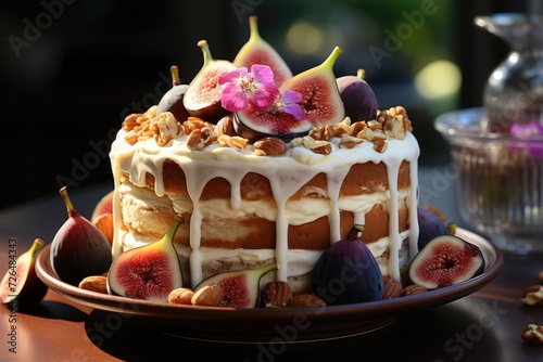 Closeup selective vertical shot of a cake decorated with figs and nuts, generative IA