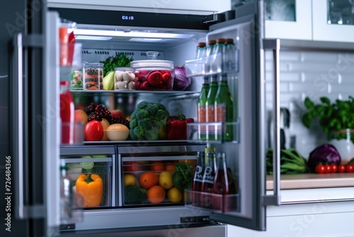 A refrigerator filled with a variety of food items. Perfect for showcasing a wide range of options for meals and snacks. photo