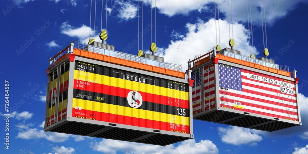 Shipping containers with flags of Uganda and USA - 3D illustration