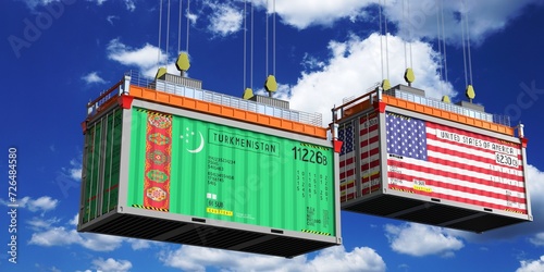 Shipping containers with flags of Turkmenistan and USA - 3D illustration