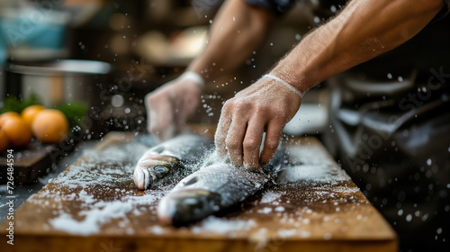 Chef professionally butchers fish photo