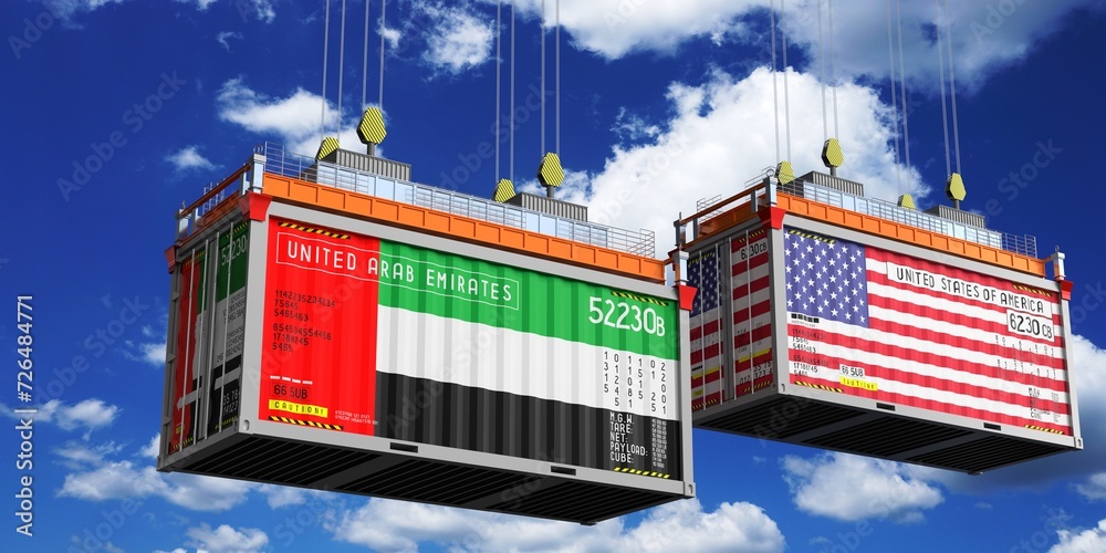 Shipping containers with flags of United Arab Emirates and USA - 3D illustration