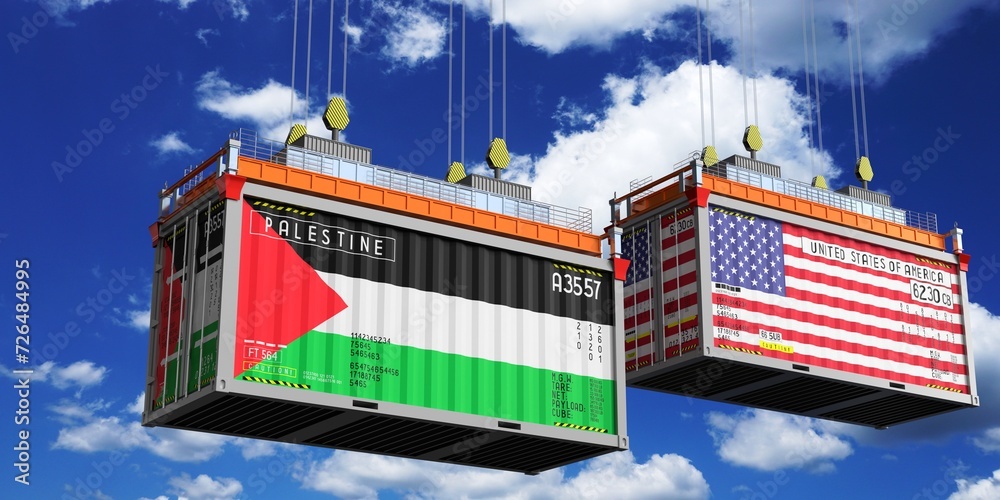 Shipping containers with flags of Palestine and USA - 3D illustration