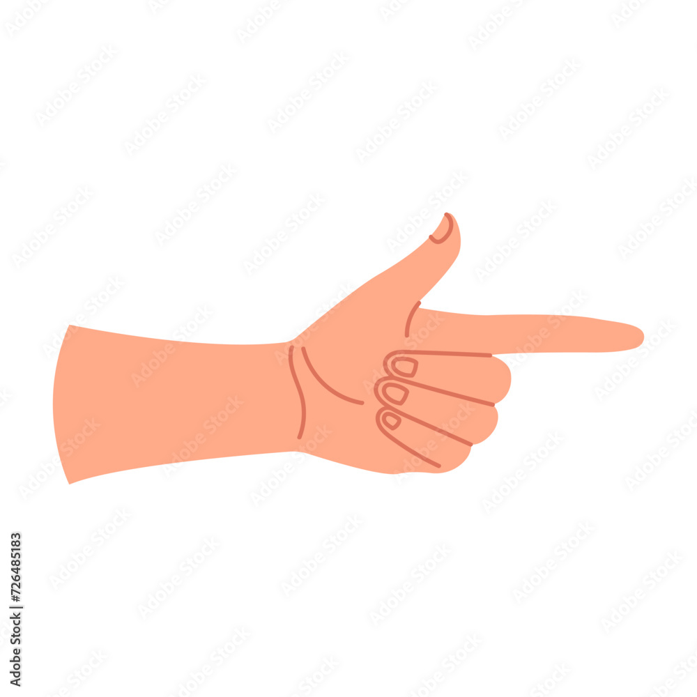 The gesture of a human hand pointing in the direction with an index finger. Side view. Touch, tap, or click. Vector illustration with a gesture on a white background
