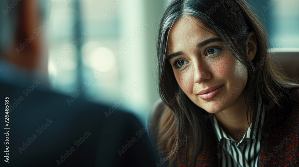 Young Professional Woman in a Job Interview.A young, attentive woman listens carefully during a job interview, showcasing professionalism and keen interest. Young Professional Woman in a Job Interview.A young, attentive woman listens carefully during a job interview, showcasing professionalism and keen interest.