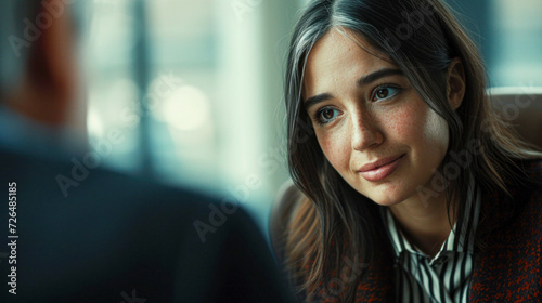 Wallpaper Mural Young Professional Woman in a Job Interview.A young, attentive woman listens carefully during a job interview, showcasing professionalism and keen interest. Torontodigital.ca