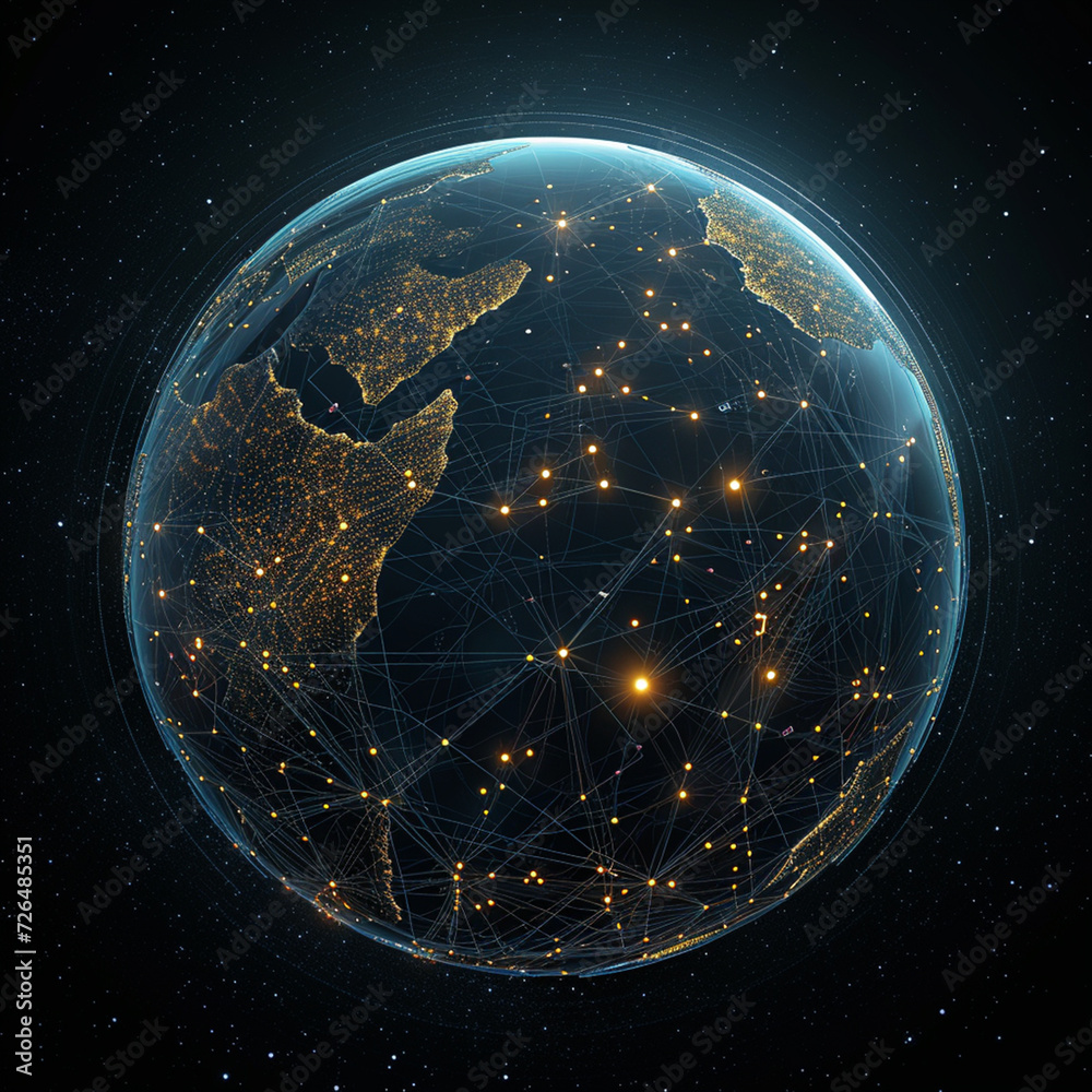 Obraz premium illustration of glowing planet with yellow network connecting cities on black background, ai technology