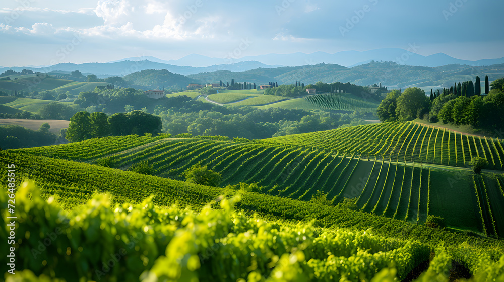 A photo of rolling hills, with lush green vineyards as the background, during a serene afternoon