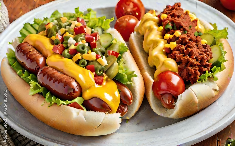 Hot dog - grilled sausage in a bun with sauces Hot dog - grilled sausage in a bun with sauces