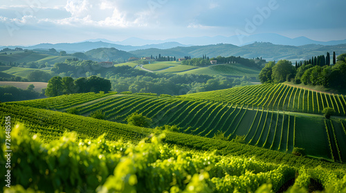 A photo of rolling hills  with lush green vineyards as the background  during a serene afternoon
