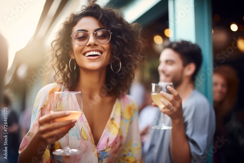 lady in trendy dress clinking glasses with friends