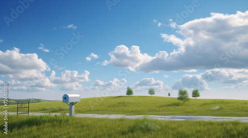 Mailbox near countyside road at the background of  summer green meadow and blue sky photo