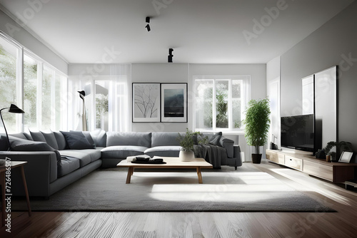 Living room in scandinavian interior design, modern and clean style