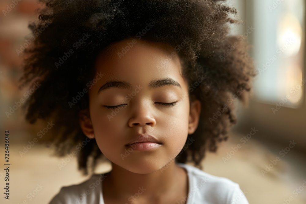 Close up little afro american girl sits with her eyes closed relaxingly meditating in the room, children's mental health and relaxation concept Close up little afro american girl sits with her eyes closed relaxingly meditating in the room, children's mental health and relaxation concept