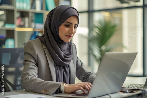 welldressed arab woman in an office setting using a laptop photo