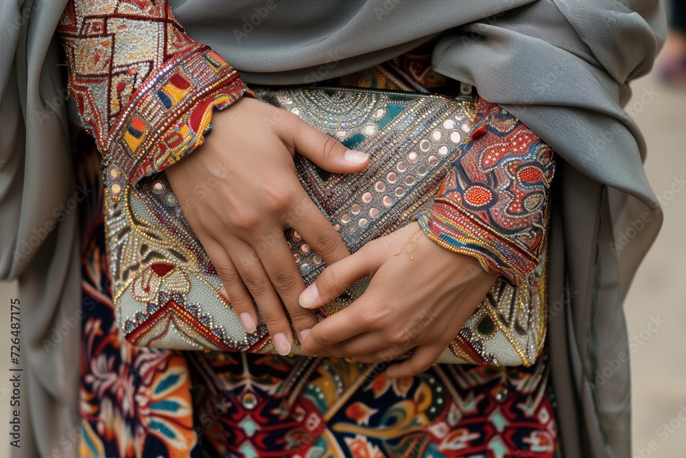 closeup of a womans hands with intricately patterned clutch and hijab